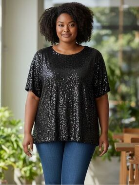 Lane Bryant Black Sequin Short Sleeve Top